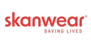 Skanwear logo in bold red font with the tagline 'Saving Lives' written underneath in capital letters.