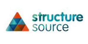 Structure Source logo featuring a colorful triangular mosaic design on the left composed of blue, teal, and orange segments, with the words 
