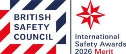 British Safety Council logo next to the International Safety Awards 2026 Merit emblem.